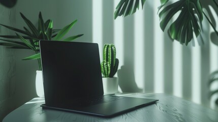 Fototapeta premium A minimalist laptop setup on a white table, bathed in soft natural light, with lush green plants creating a serene and focused workspace.
