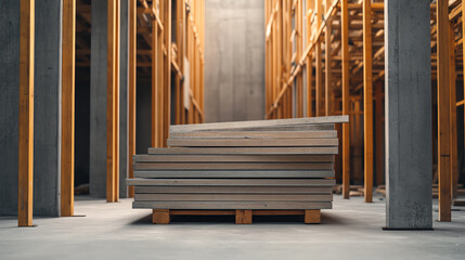 A well-organized storage area with wooden planks resting on a pallet amidst tall concrete and wooden structures.