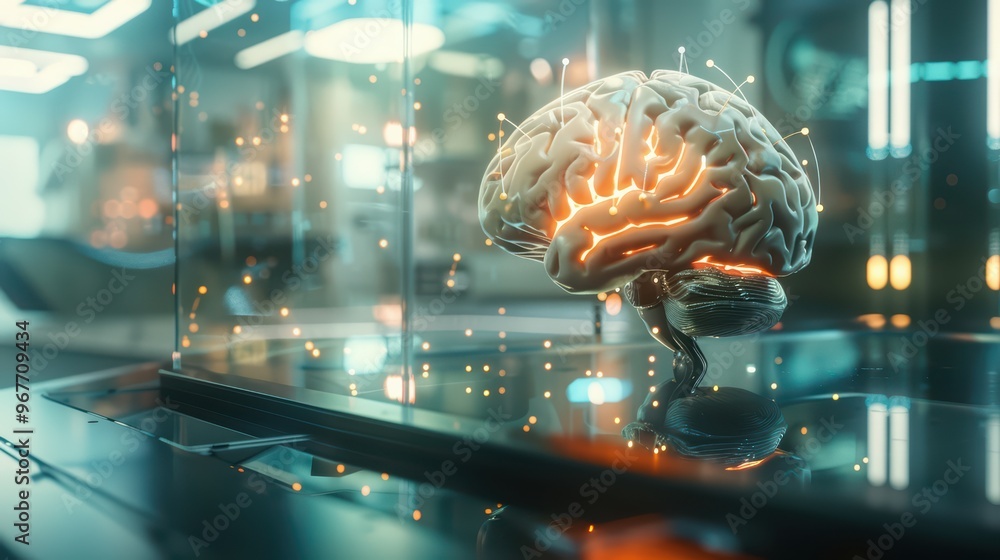 Poster futuristic representation of a brain inside a glass display, showcasing glowing neural connections a