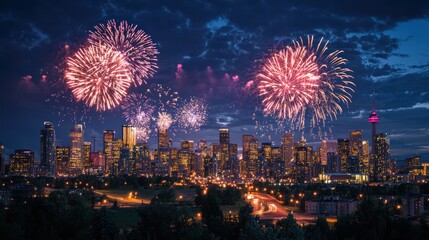 Spectacular fireworks display lighting up the night sky over a city skyline