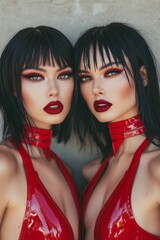 Latex fashion style portrait, two female models, fashion and make-up shoot. Latex bodysuit, catsuit. Goth, Emo, New Wave, Dark style fashion. Dark smokey make-up, red lipstick. Dramatic. Elegant.	