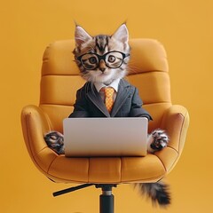 Serious Cat in Suit Working on Laptop, Yellow Background. Freelance, Business Concept