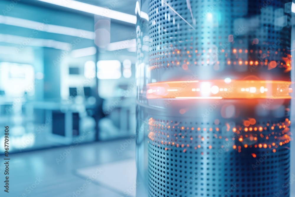 Poster high-tech server with glowing lights in a modern office environment, showcasing advanced technology 