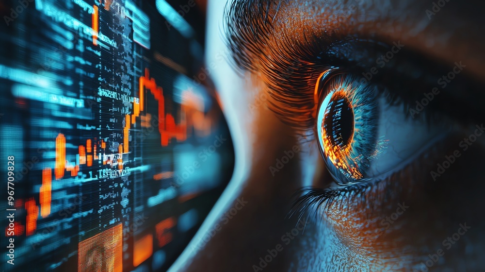 Poster close-up of a focused eye observing financial data on a screen, highlighting the blend of technology