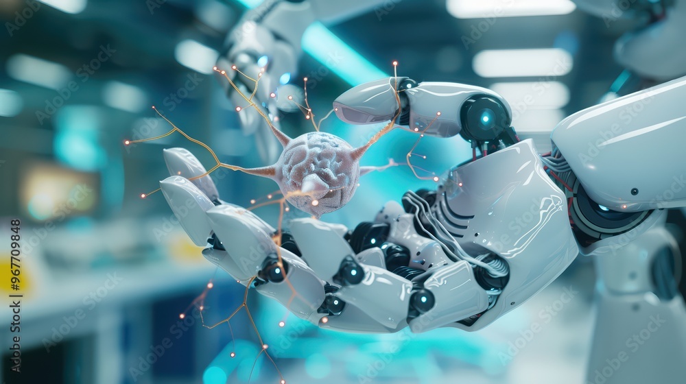 Aufkleber innovative robot holding a glowing brain, symbolizing advanced technology and artificial intelligenc