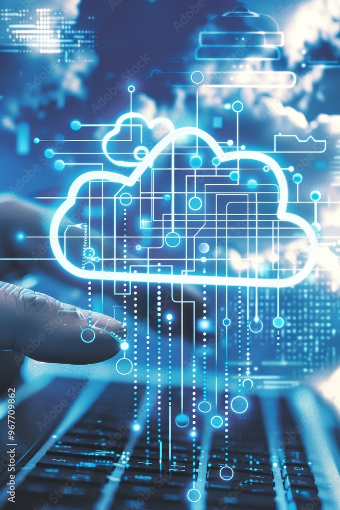 Poster close-up. hand typing on keyboard with cloud computing, connection, data exchange, and technology