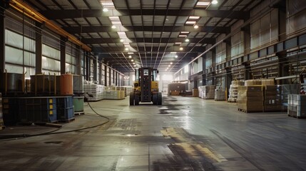 Fototapeta premium A spacious warehouse featuring organized rows of goods and a central forklift, illuminated by ample light from high windows.