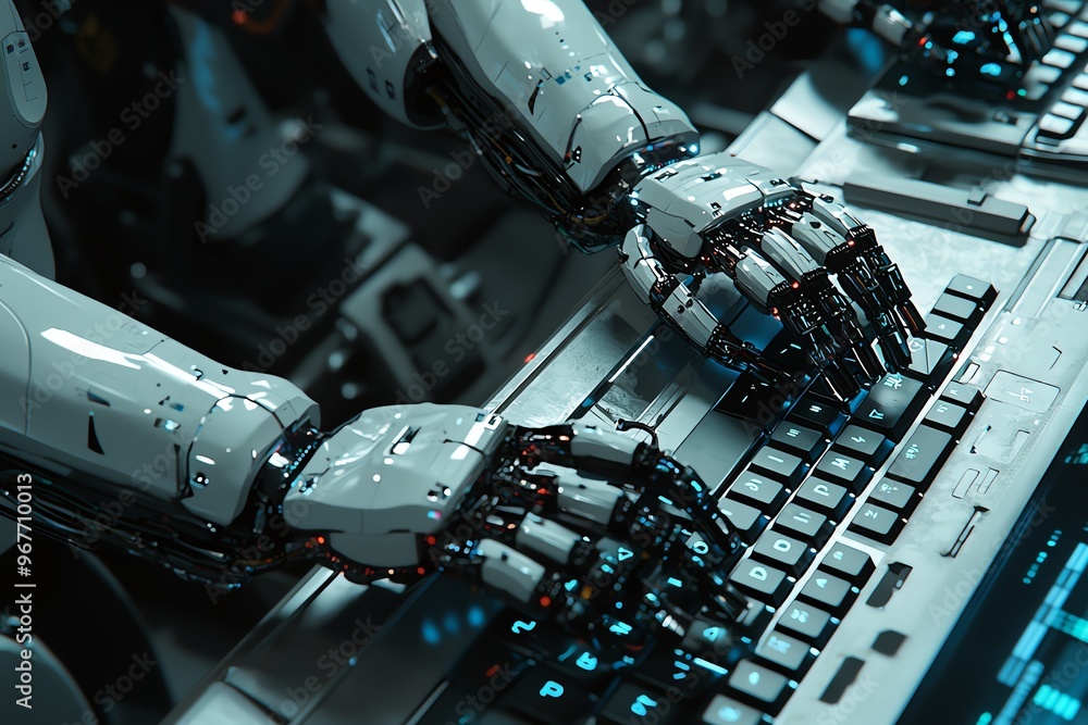 Poster close-up of a robotic hand typing on a keyboard, showcasing advanced technology and futuristic desig