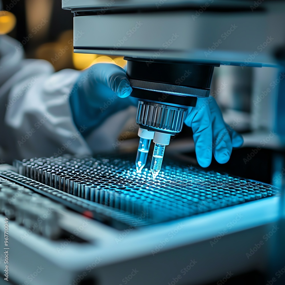 Poster close-up of a scientist's hand using a microscope to analyze samples in a laboratory setting, showca
