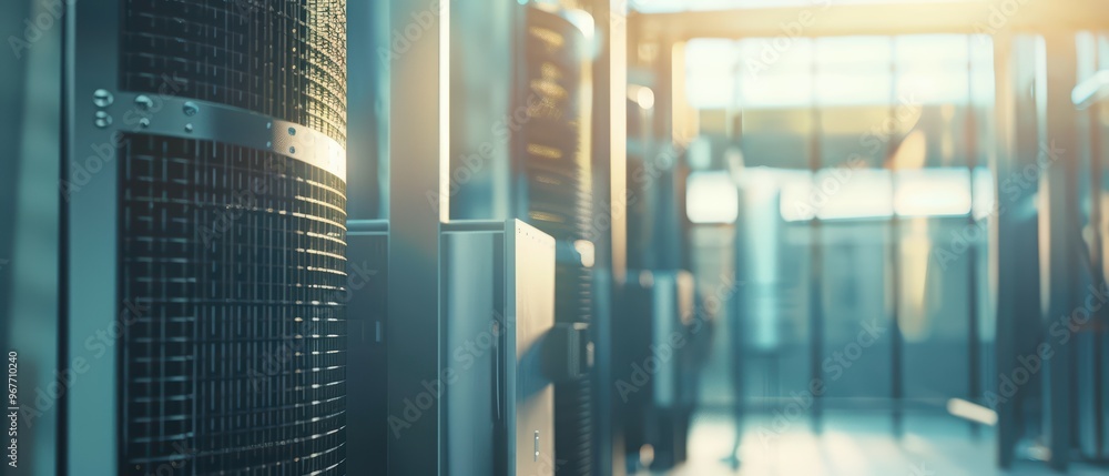 Poster modern data center showcasing sleek server racks in a bright, technological environment. perfect for