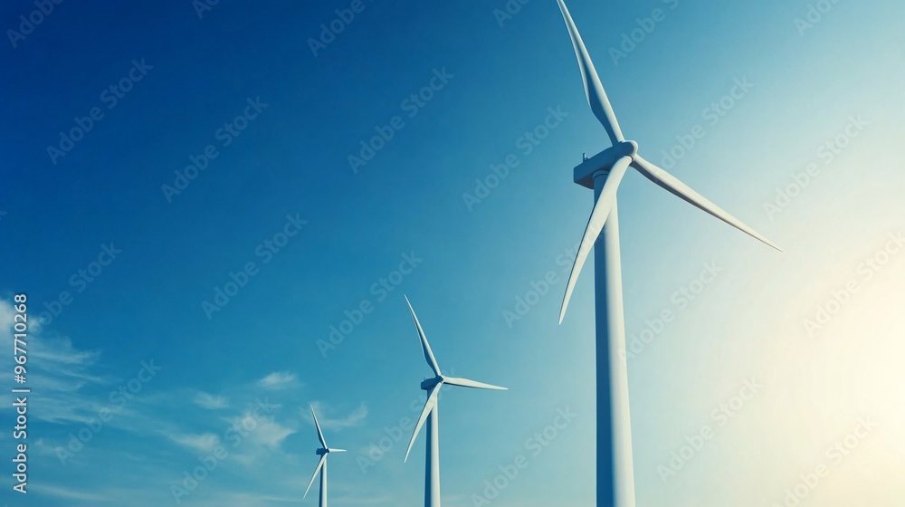 Poster wind turbine assembly in progress - engineers and construction workers building renewable energy inf