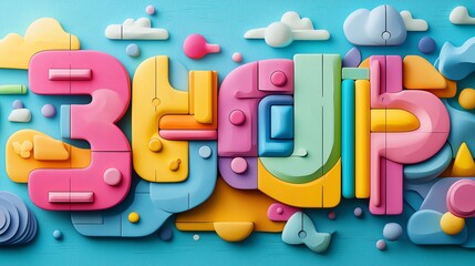 Fototapeta premium Colorful 3D playful typography with vivid shapes and clouds, perfect for whimsical designs and creative projects.