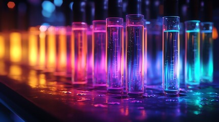 Colorful test tubes filled with liquid under vibrant lighting, creating an artistic and scientific atmosphere.