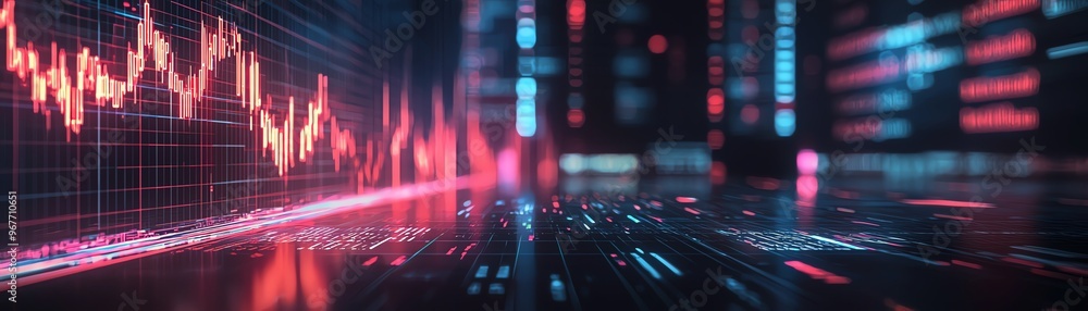 Poster dynamic stock market visualization with colorful graphs and data streams representing financial tren