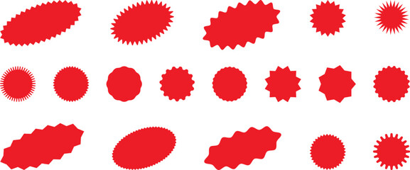 Starburst red sticker set - collection of special offer sale oval and round shaped sunburst labels and badges. Promo stickers with star edges. Vector.