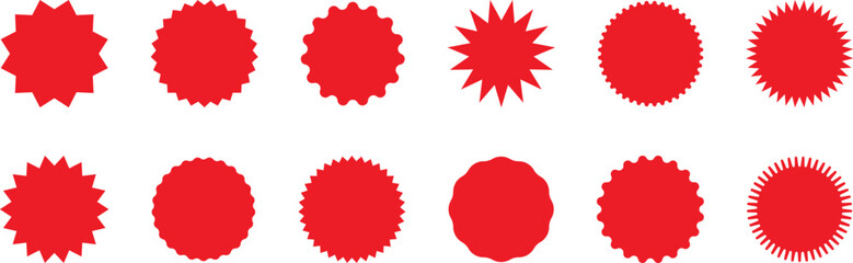 Starburst red sticker set - collection of special offer sale oval and round shaped sunburst labels and badges. Promo stickers with star edges. Vector.