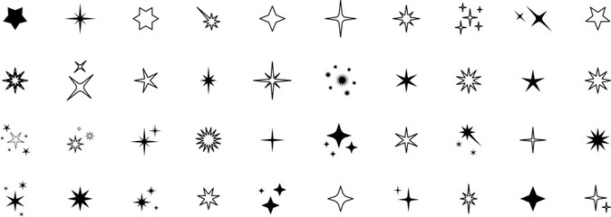 Obraz premium Minimalist silhouette stars icon set, twinkle shining star shape symbols, icons, elements. Modern geometric sparkle black silhouettes sign vector.