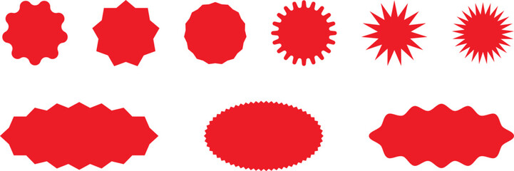 Obraz premium Starburst red sticker set - collection of special offer sale oval and round shaped sunburst labels and badges. Promo stickers with star edges. Vector.