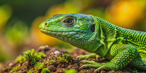 Fototapeta premium Vibrant green European green lizard in natural habitat, lizard, reptile, green, scales, wildlife, nature, European, vibrant
