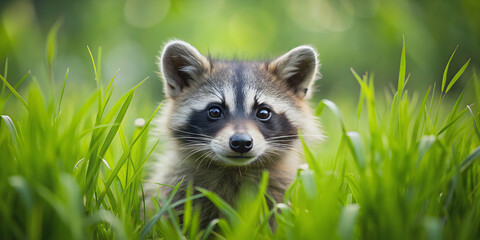 Fototapeta premium Cute raccoon peeking out from dense grass , raccoon, cute, animal, wildlife, hiding, peeking, grass, nature, curious, adorable