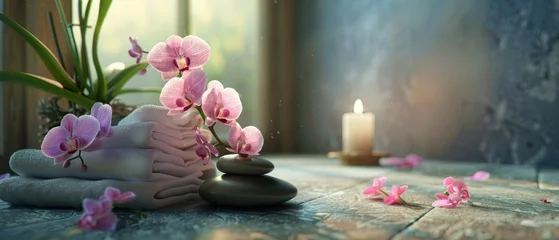 The spa image shows a peaceful scene with candles, flowers, and stones on a purple cloth. A garden view adds to the serene ambiance, perfect for relaxation.