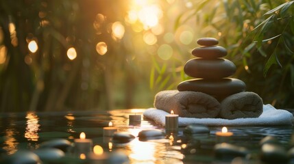 Obraz premium A serene spa scene outdoors with water, candles, stones, and plants creates a tranquil atmosphere, perfect for relaxation and contemplation.