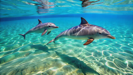 Obraz premium Two dolphins swimming gracefully in crystal clear waters, dolphins, ocean, marine life, animals, aquatic, nature