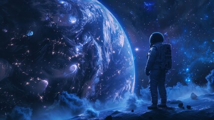 An astronaut in a white space suit gazes at a large Earth-like planet with a bright blue core on a dark, rocky surface under a star-filled sky.