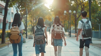Naklejka premium Four students with backpacks walk down a sunlit campus pathway, engaging in conversation, capturing the essence of student life.