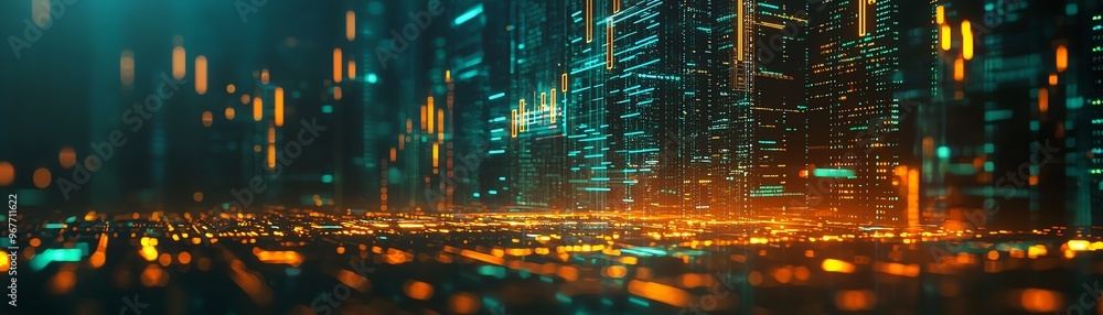 Poster futuristic cityscape features vibrant lights and towering structures, creating a dynamic urban atmos