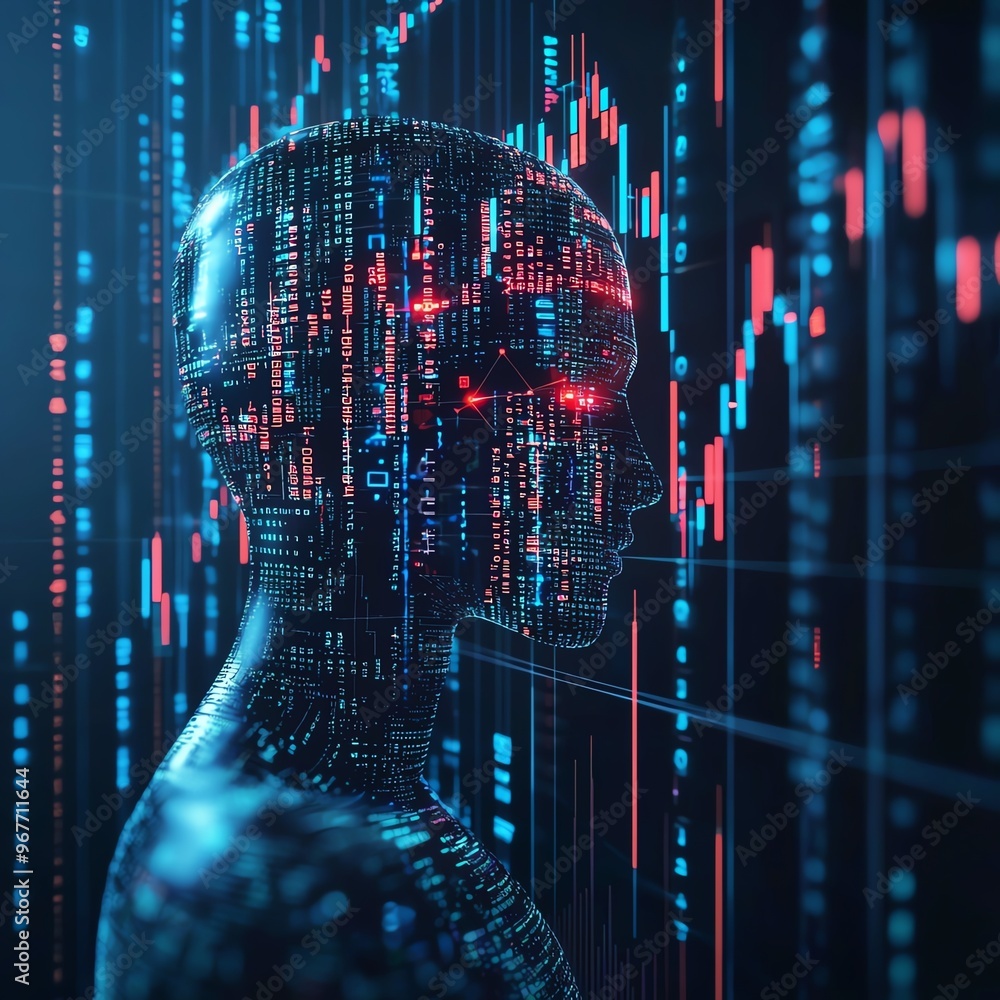 Poster futuristic data visualization with a holographic figure, representing artificial intelligence and te