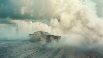 A car emerges from dense clouds of smoke in an atmospheric setting, blending mystery and speed, reminiscent of a dramatic moment in a film.