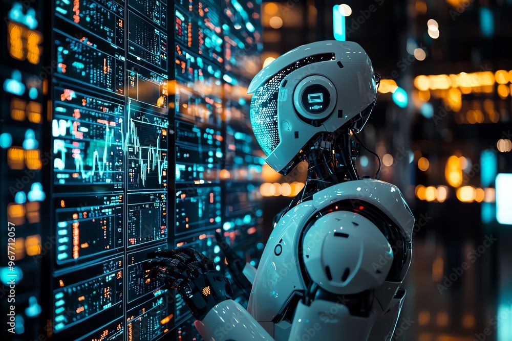 Poster futuristic robot engaging with data screen, showcasing advanced technology and artificial intelligen