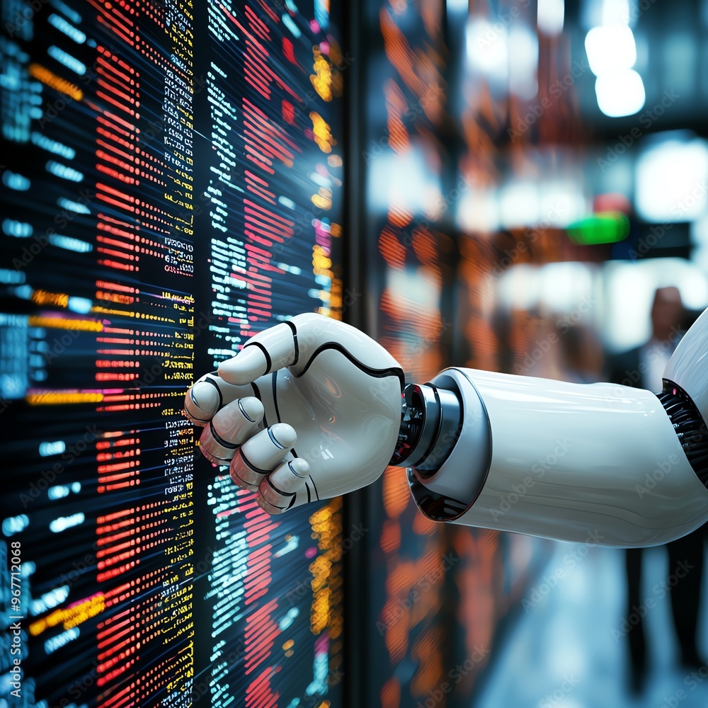 Poster futuristic robot hand interacting with digital data. symbolizing technology, innovation, and the fut