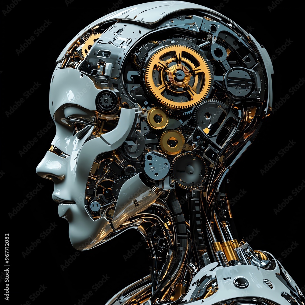 Poster futuristic robot head showcasing intricate mechanical gears and circuitry, symbolizing advanced tech