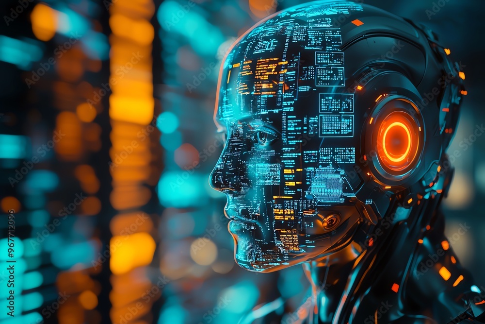 Poster futuristic robot head showcasing advanced technology and digital interfaces in a vibrant, high-tech 
