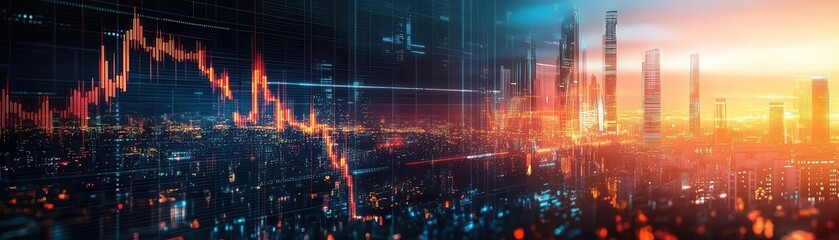 Obraz premium Business downfall, holographic price drop, futuristic economic collapse, neon tech background