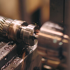 Close-up of a CNC machine operating on a metal part, generating shavings in an industrial setting....