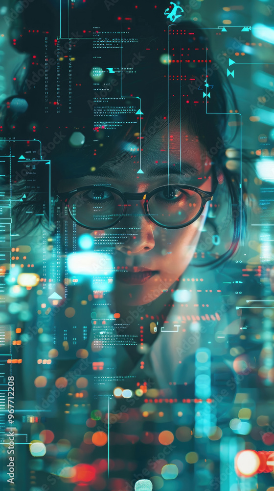 Poster an engaged person examines intricate data graphics while immersed in a modern technological environm