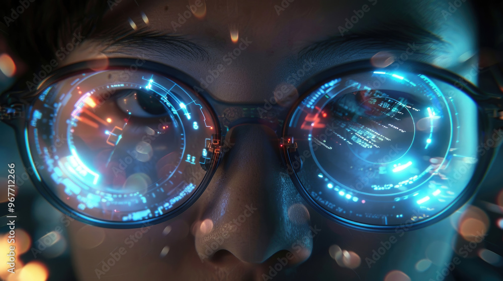 Poster the image captures a person’s face illuminated by glowing data on their glasses while they engage in