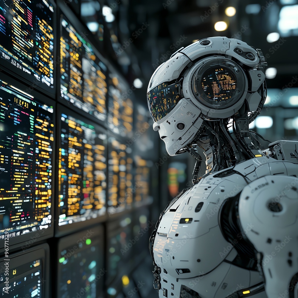 Poster futuristic robot observes digital data on screens, showcasing advanced technology in a high-tech env