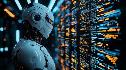 Futuristic robot interacting with data streams in a high-tech environment. Perfect for technology, AI and sci-fi themes.