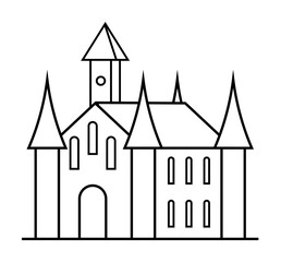 Naklejka premium Black and white line art showing a castle with tall spires, a clock tower, and arched windows. Ideal for historical themes, architecture, children s stories, fantasy settings, and educational purposes