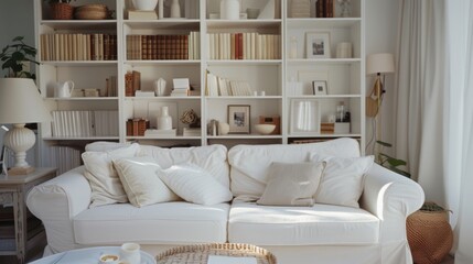 A bright, cozy living room featuring a pristine white sofa and a neatly arranged bookshelf filled with books and tasteful decor.