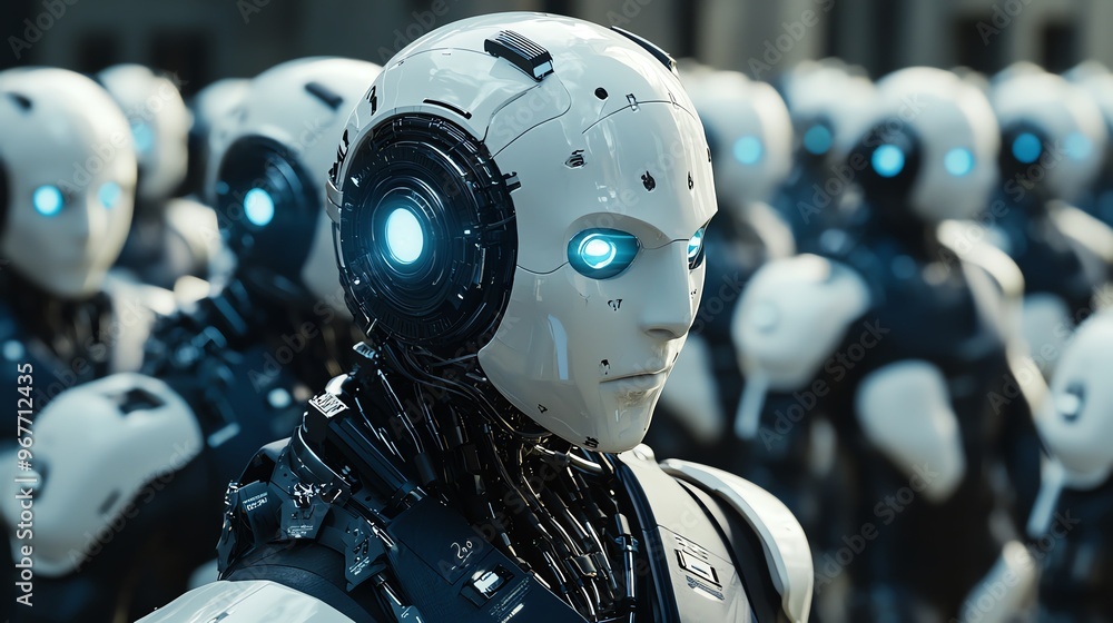 Poster futuristic robot with glowing eyes, representing advanced technology and artificial intelligence in 