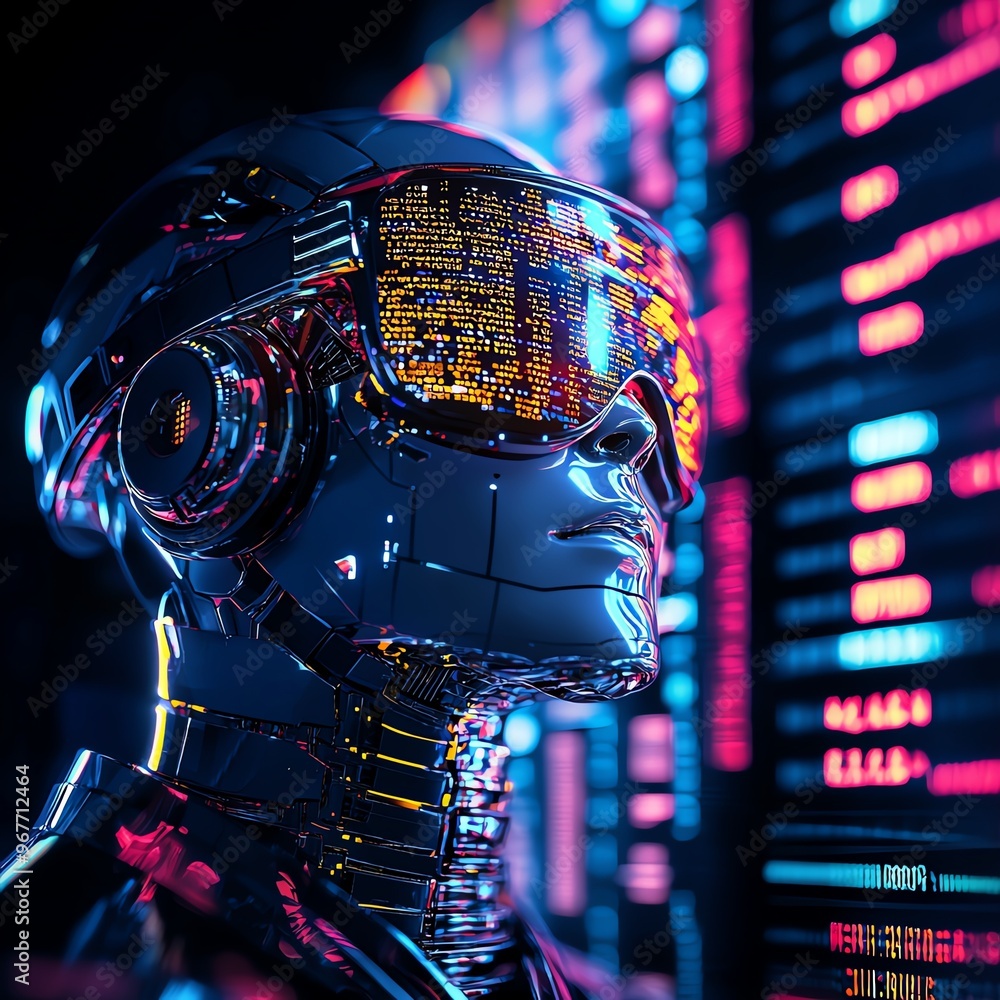 Poster futuristic robot with illuminated glasses, showcasing advanced technology against a backdrop of vibr