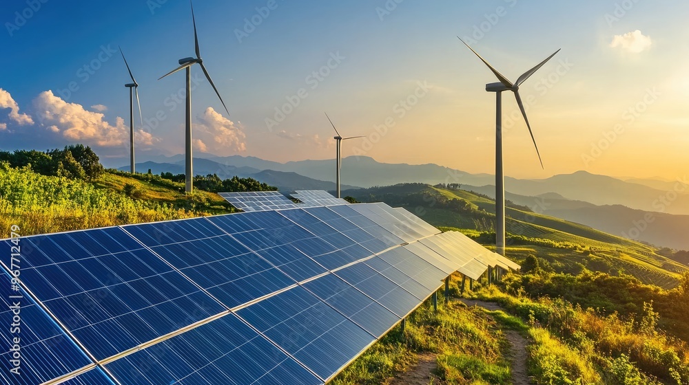 Poster solar panels and wind turbines in harmony with nature, representing sustainable practices in net zer