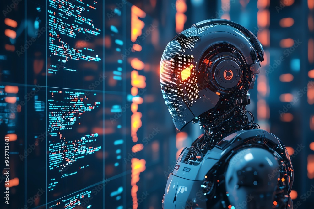 Poster futuristic robot with glowing features stands before a digital display, showcasing advanced technolo