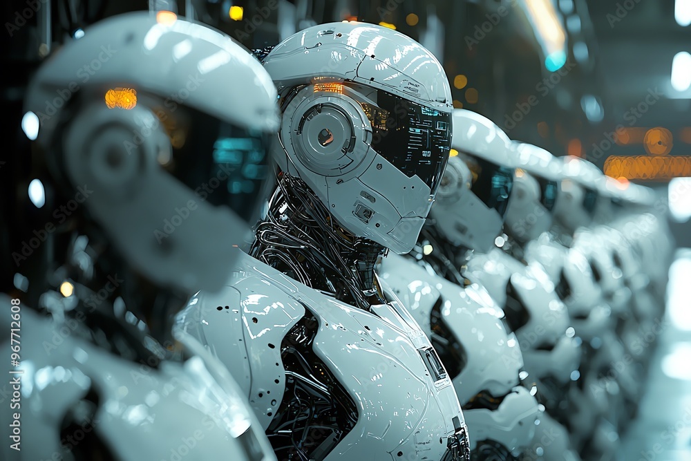 Poster futuristic robots stand in formation, showcasing advanced technology and sleek design in a high-tech