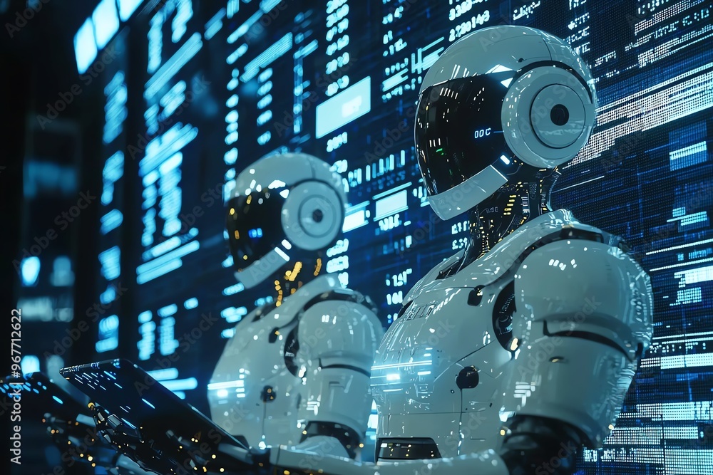 Poster futuristic robots stand in front of a digital display, showcasing technology and innovation in a hig